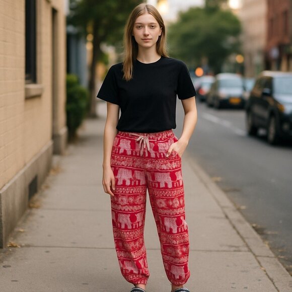 Women's Red & White Geeta Harem Hippie Aladdin Yoga Elephant Pants Sz S/M New - Picture 1 of 7